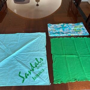 Green Scarf blue sandals, resort, Jamaica, scarf, all three scarf lot